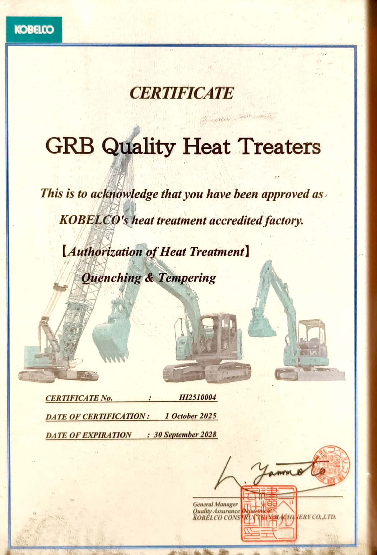 Kobelco Heat Treatment Accredited Certificate